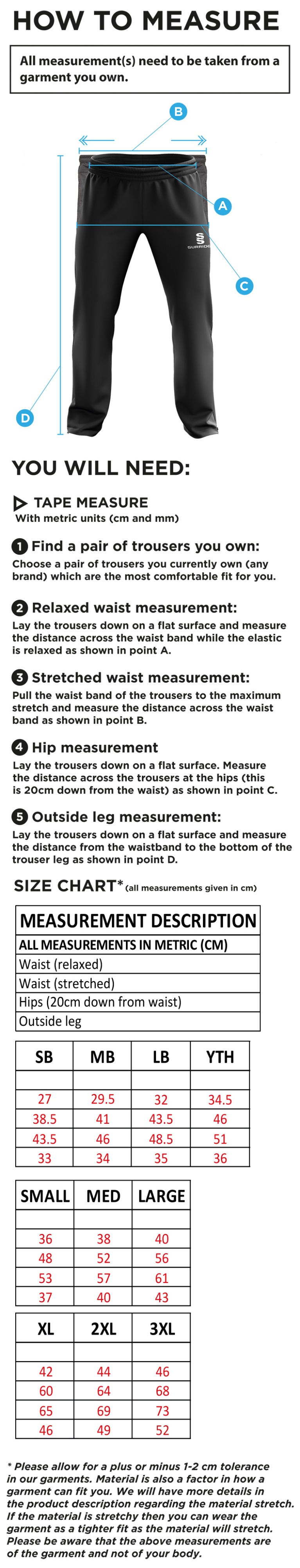 New Longton CC - Track Pants - Size Guide