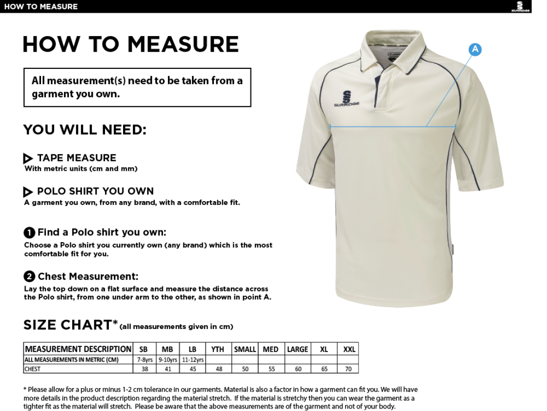 New Longton CC - 3/4 Premier Cricket Shirt - Size Guide