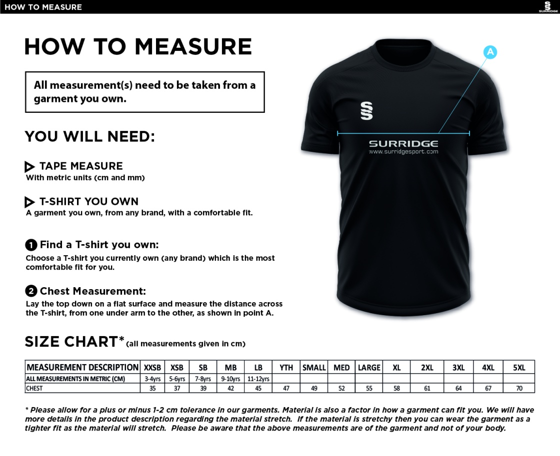 New Longton CC - Blade Training Shirt - Size Guide