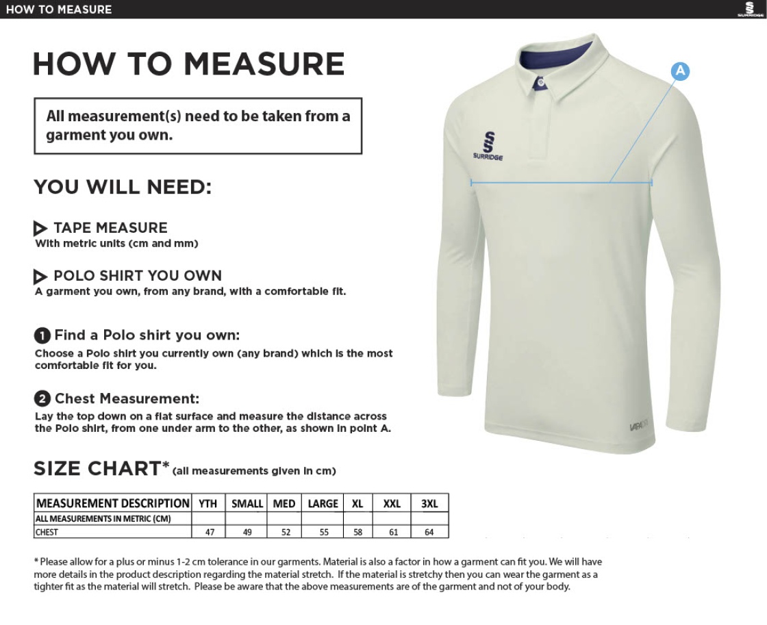 New Longton CC - Tek Long Sleeve Shirt - Size Guide