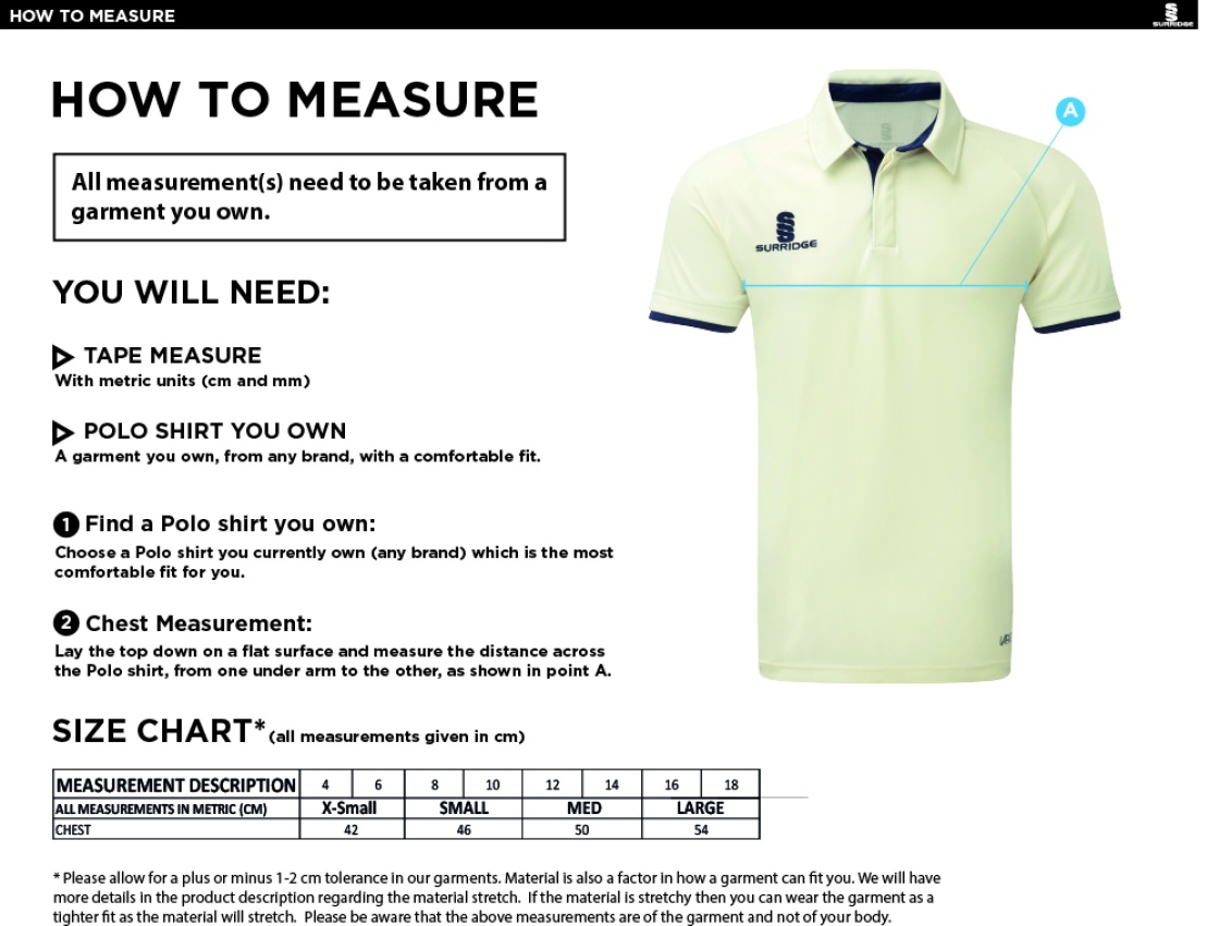 NEW LONGTON CC Dual Cricket Shirt Short Sleeve Womens - Size Guide