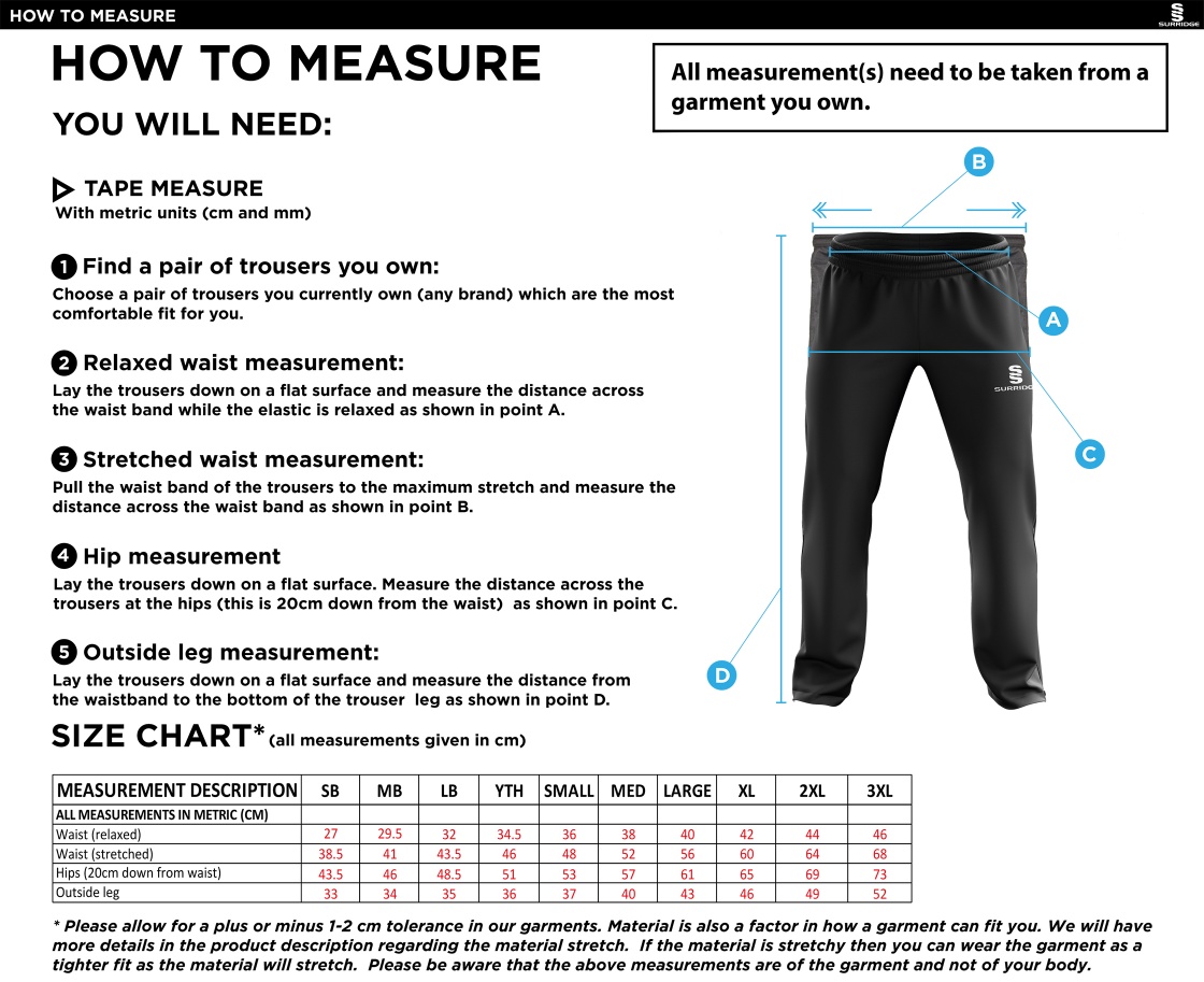 New Longton CC - Track Pants - Size Guide