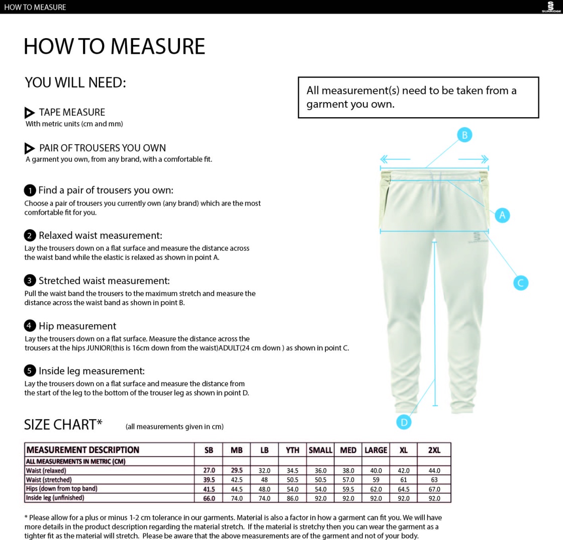 New Longton CC - Cricket Pants - Size Guide