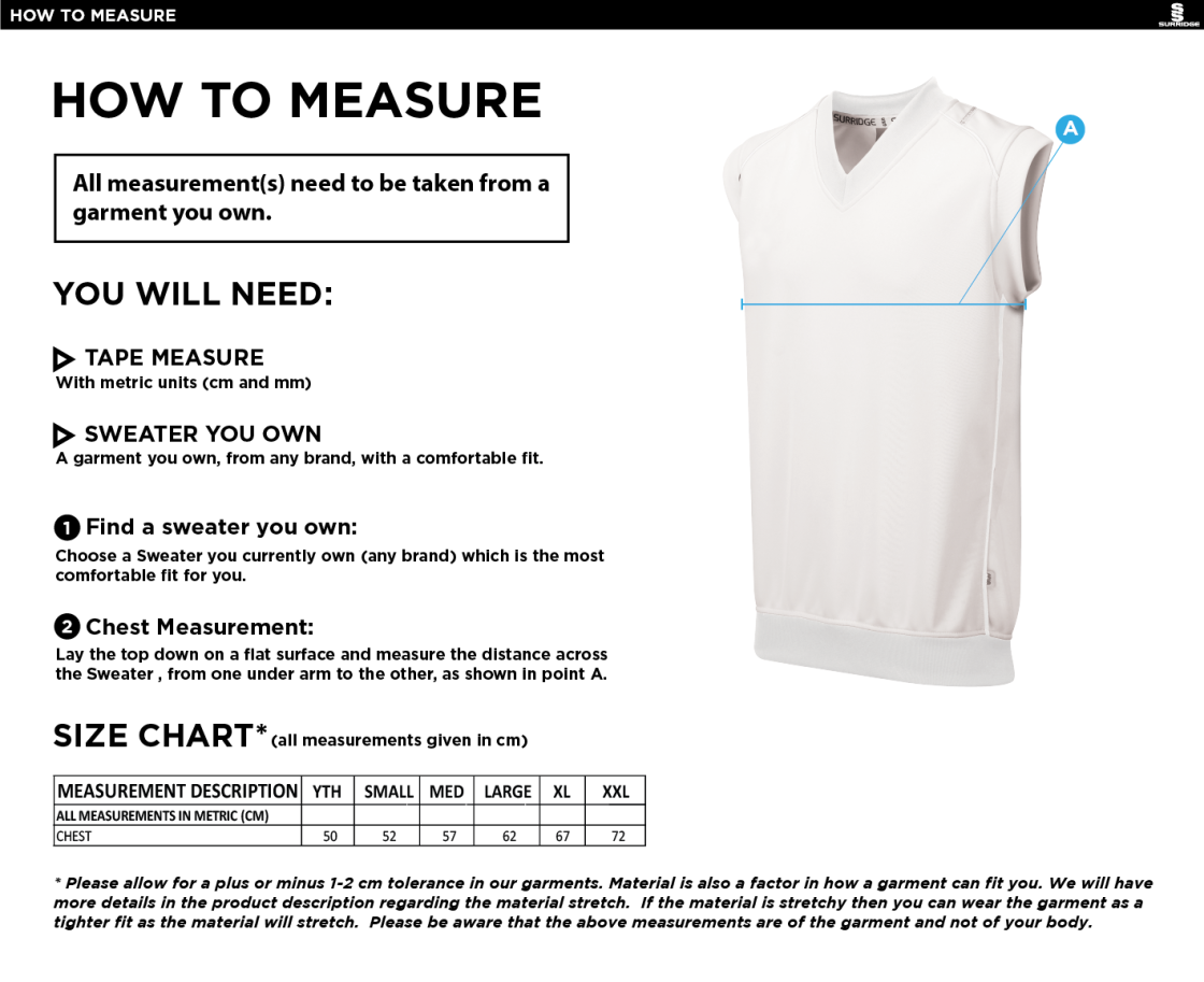 New Longton CC - Sleeveless Sweater - Size Guide