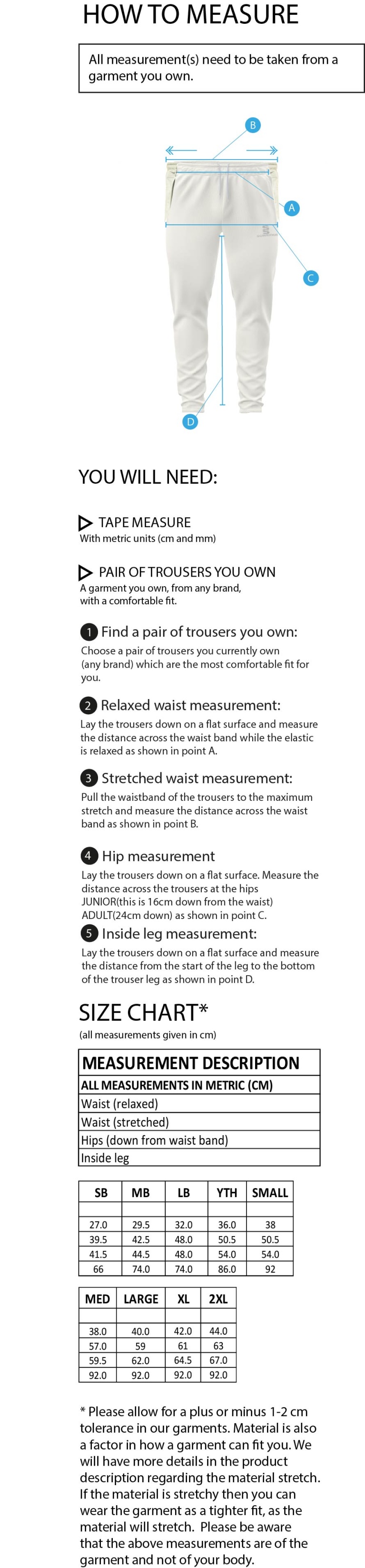 New Longton CC - Cricket Pants - Size Guide