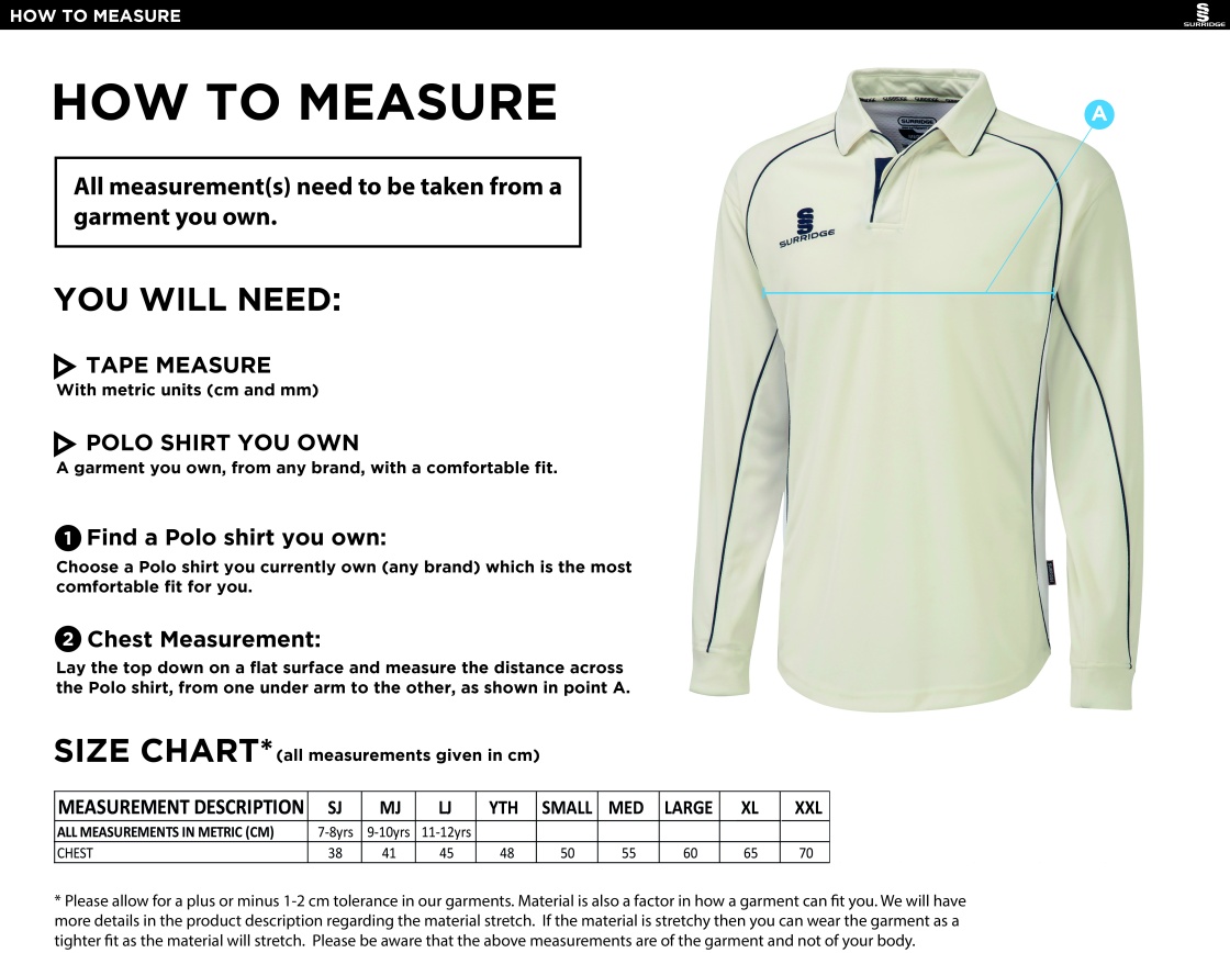 New Longton CC - Long Sleeved Cricket Shirt - Size Guide